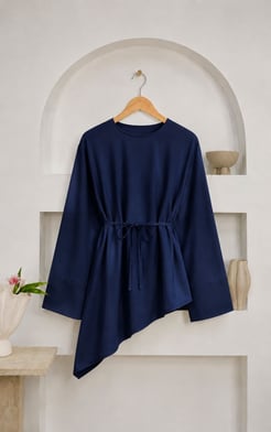1388-poplin kumaş bağlamalı asimetrik tunik-lacivert