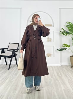 5428-bondit kumaş-önü düğmeli kemerli trenç-acı kahve