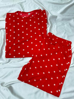 ç571 - milan kumaş kısa kollu puantiyeli pijama takımı - kırmızı 