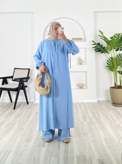 2386 - bilekleri ipli uzun tunikli cappicino ikili takım - bebe mavisi 
