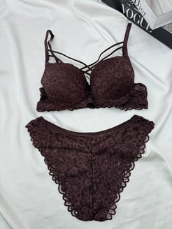 Ç2225 - DESTEKLİ DANTELLİ ÇAPRAZ İPLİ  SÜTYEN TAKIMI - KAHVE  