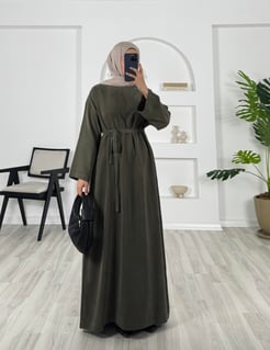 8693 - düz kesim kuşaklı dokuma cupra kumaş elbise -haki 