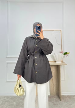 4589-kot düğmeli kuşaklı tunik-kahve