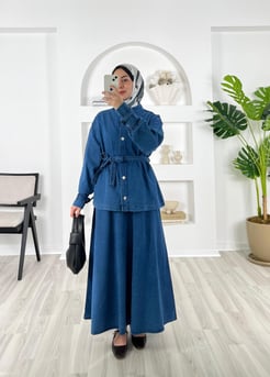 0033-kot kumaş-önü düğmeli kemerli bilek ucu bağlama detaylı etekli takım-mavi