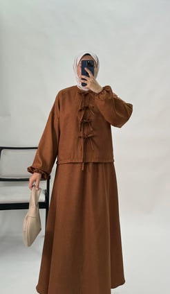 3754-melanj keten kumaş-kimono etekli takım-kiremit