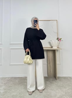 7313-kristal kumaş bağlamalı tunik-siyah