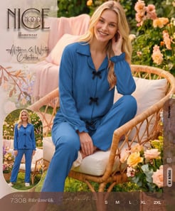 Ç7308 BÜRÜMCÜK FİYONKLU UZUN KOLLU TAKIM- MAVİ