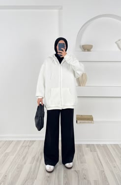 4598-kapüşonlu fermuarlı sweatshirt-beyaz