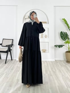 6158-çilek kumaş-beline kadar düğmeli elbise-siyah