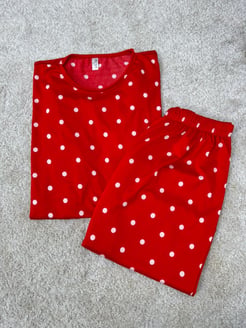 ç0030-milan kumaş kısa kollu puantiyeli pijama takımı-kırmızı 