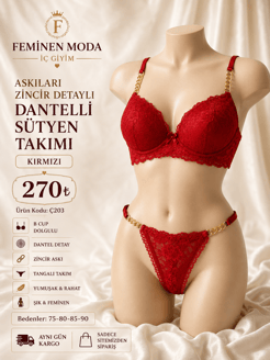 Ç203 - ASKILARI ZİNCİR DETAYLI DANTELLİ SÜTYEN TAKIMI - KIRMIZI  