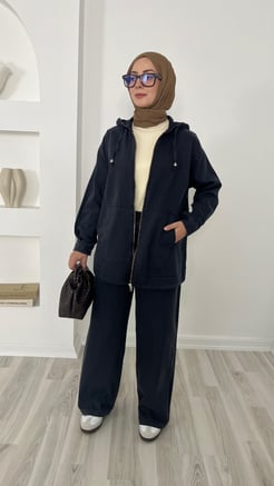 6391-ince kot kumaş kapşonlu önü cepli ceket pantolonlu takım -  siyah