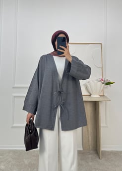 7192-terikoton kumaş önden bağlamalı kimona-gri