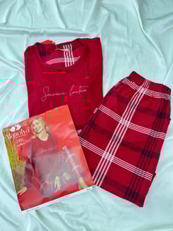 Ç2365 - KARELİ UZUN KOLLU PİJAMA TAKIMI - BORDO 