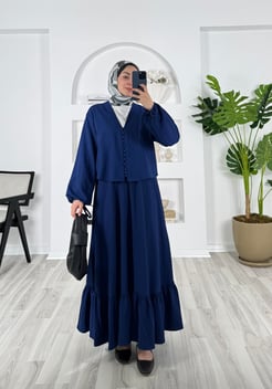 1882-dubai kumaş-kol bağcıklı boydan düğmeli eteği fırfır detaylı takım-lacivert