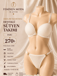 Ç608 - DESTEKLİ ASKILARI TAŞ DETAYLI SÜTYEN TAKIMI -EKRU