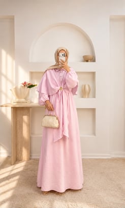 7791-lilyum kumaş pelerinli beli lastikli elbise-pembe