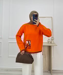 439-cep kısmı desenli triko kazak-turuncu