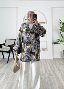7208-lilium kumaş-batik desenli yandan bağlamalı kimono-füme