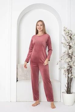 Ç8402 -  UZUN KOLLU KADİFE PİJAMA TAKIMI - PEMBE 