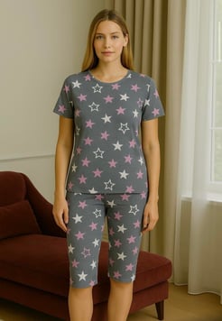 Ç1078 - kısa kollu kapri milan kumaş yıldızlı pijama takımı - gri 