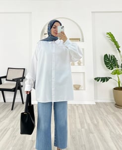7269-terikoton kumaş-bilek ucu bağlama detaylı gömlek-beyaz