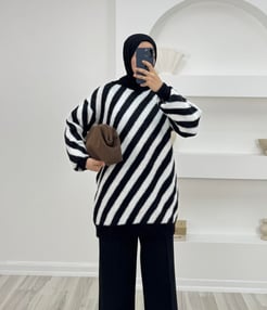 8558-tüylü triko çizgili tunik-siyah