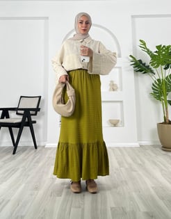 1842-gofre kumaş-beli lastikli etek-yağ yeşili