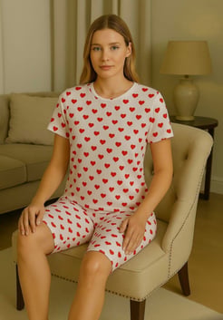 Ç1078 - kısa kollu kapri milan kumaş kalpli pijama takımı - beyaz