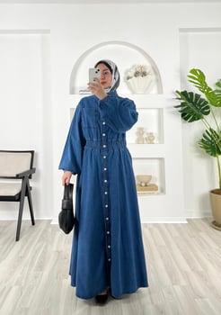 4282-kot kumaş-beli lastikli önü cepli boydan düğmeli elbise-mavi