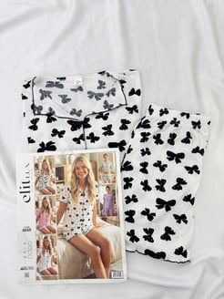 ç8658-viskon kaşkorse kumaş gömlek yaka kelebekli şortlu pijama takımı-beyaz