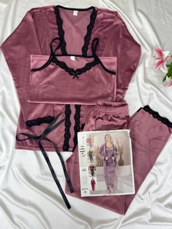 ç8550-kadife 3lü pijama takımı-pembe