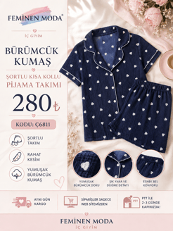 ç6811-bürümcük kumaş şortlu kısa kollu pijama takımı-siyah