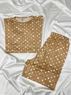 ç571 - milan kumaş kısa kollu puantiyeli pijama takımı - kahve