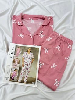 ç8657-büyük beden gömlek yaka fiyonklu pijama takımı-pembe
