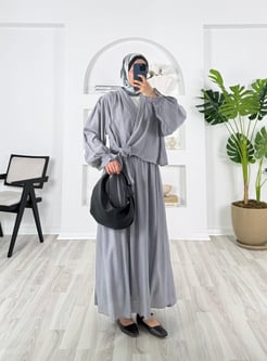6468-bali kumaş-kol lastikli önden bağlamalı etekli kimono takım-gri