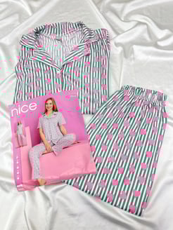 ç5169 - milan kumaş gömlek yaka kısa kollu kalpli pijama takımı - gri