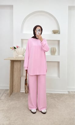 7946-oysho kumaş pantolonlu takım-pembe