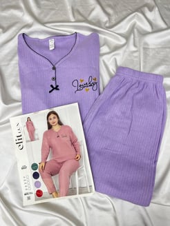 Ç8398 - büyük beden önü dügmeli fitilli pijama takımı - lila