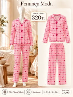 ç7799-süet kumaş gömlek yaka pijama takımı-pembe 