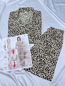 Ç8444-Milan kumaş gömlek yaka leoparlı pijama takımı 