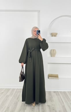 9856 örme kumaş kuşaklı elbise-haki