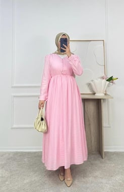 1841-wrn kumaş önü biyeli kuşaklı elbise-pembe
