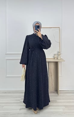 7951-balon kol hakim yaka kuşaklı taşlı elbise-mavi