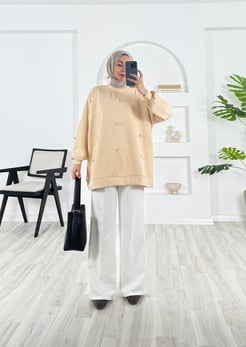 6325-oysho kumaş-fiyonk detaylı tunik-taş