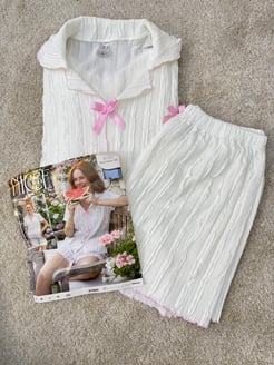 ç6192-bürümcük kumaş şortlu fiyonklu pijama takımı-beyaz