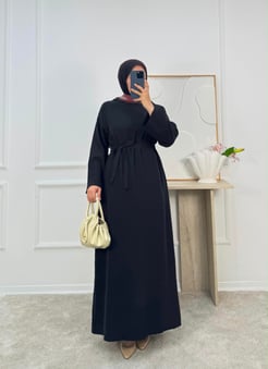 0183-tencel kumaş kuşaklı düz elbise-siyah