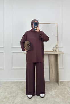 9130 - kristal kumaş cepli tunik pantolonlu takım - acı kahve