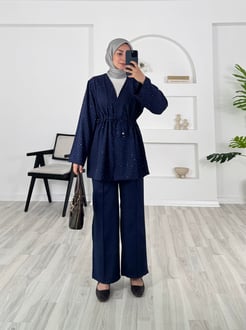7200-dabıl krep kumaş üstü taşlı baglamalı pantolonlu takım - lacivert