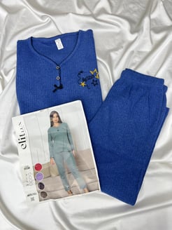ç8538 -fitilli uzun kollu pijama takımı - mavi
